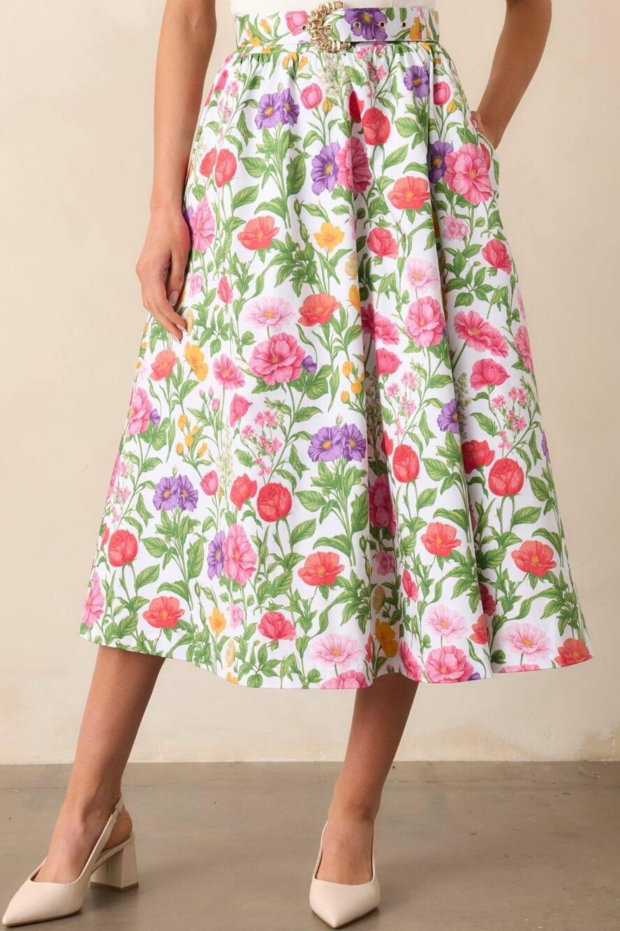 Prosperina Thena Belted Secret Garden Foral Cotton Midi Skirt New Medium
